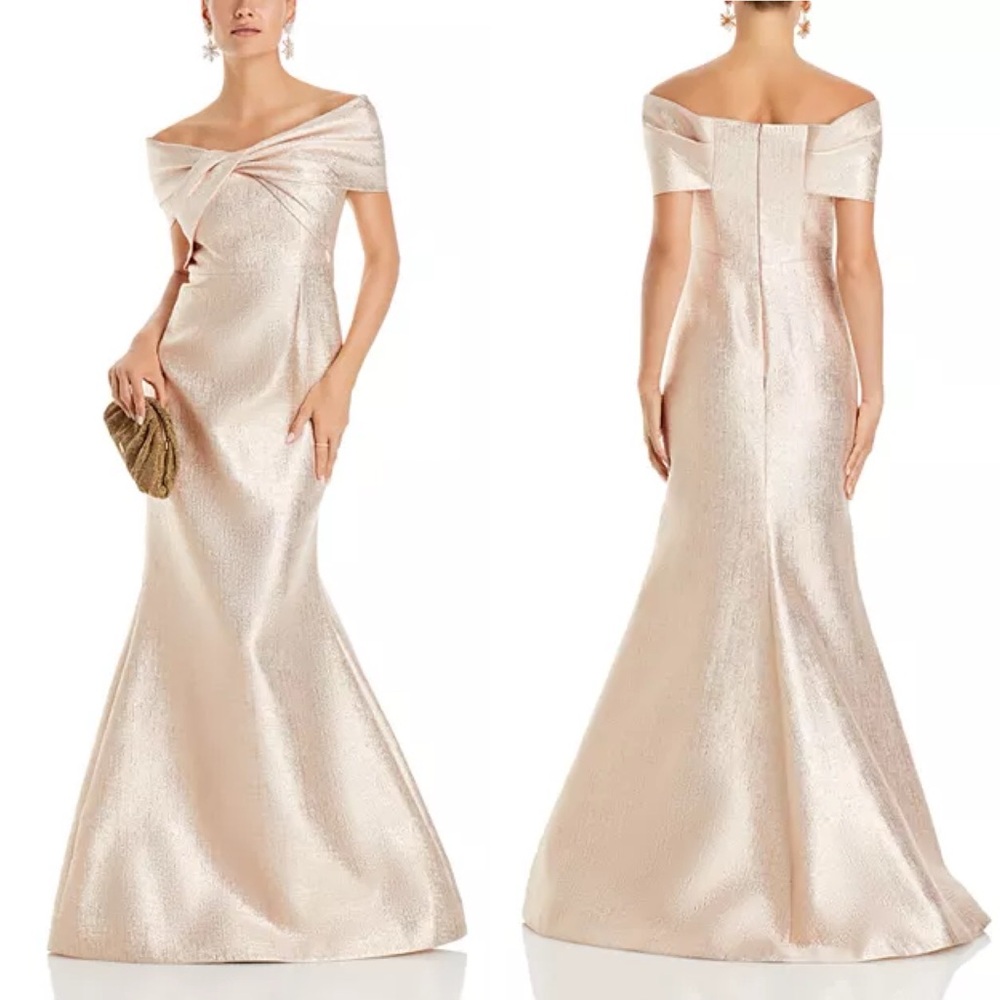 NWT Teri Jon By Rickie Freeman Metallic Jacquard Off The Shoulder Gown Rose Gold